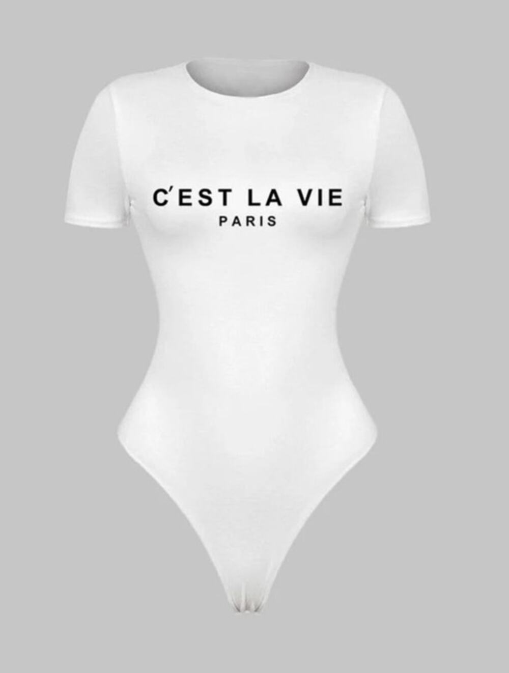 MICAS C'est La Vie Paris white letter short sleeve bodysuit New snap closure S